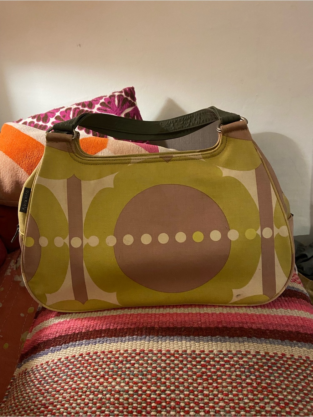 Orla Kiely Olive Green and Taupe Retro Circle Shoulder Bag